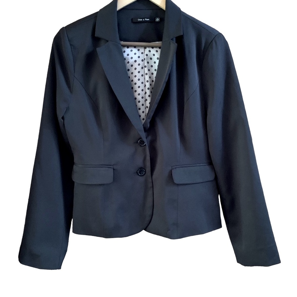 DOE & RAE (L) Lined Black Blazer Tan/Black Dot Liner 2-Button Front Flap pocket